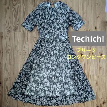 테치치 쉬폰 플리츠 원피스 롱 Te chichi 꽃무늬 화이트 블랙