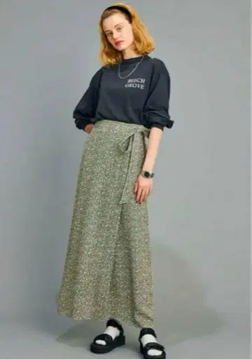 신존 꽃무늬 타이트 스커트 허리 리본 포함