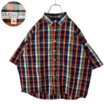 US.POLO ASSN 오렌지 멀티 컬러 체크 반팔 셔츠 빅 사이즈