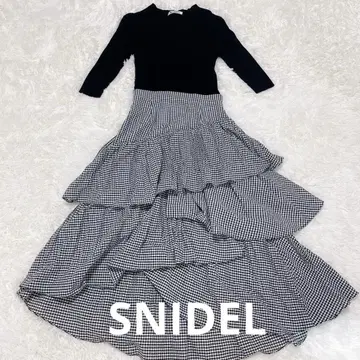 SNIDEL 도킹 니트 원피스 반팔 티어드 깅엄 체크