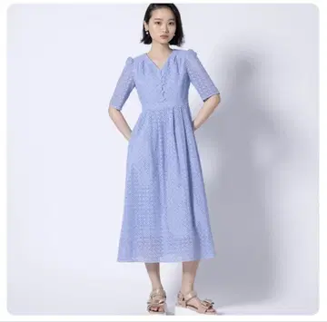TOCCA 토카 스카이블루 버튼 V넥 반팔 레이스 원피스