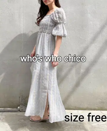 who's who chico 5부 소매 전체 자수 셔링 원피스 롱 기장