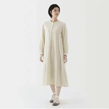 무인양품 카폭 혼방 이중 거즈 긴팔 원피스