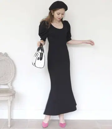 블랙 퍼프 슬리브 롱 원피스