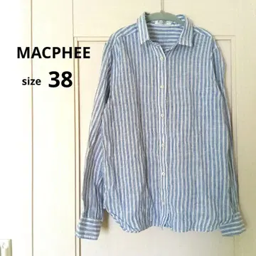 MACPHEE 린넨 100% 긴팔 셔츠 38 M 스트라이프 블루