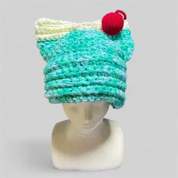 멜론 소다 체리 고양이 귀 니트 모자 크로셰 뜨개질 핸드메이드