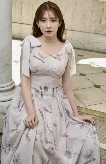 헤르립토 해바라기 프린트 미디 드레스 M