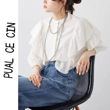 PUAL CE CIN 코튼 린넨 프릴 밴드 카라 블라우스