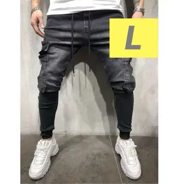 조거 팬츠 포켓 부착 데님 테이퍼드 하의 스키니 블랙 L