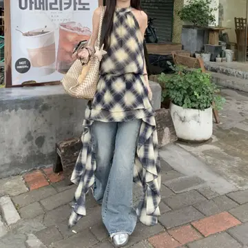 그런지 홀터넥 체크 테일 컷 원피스 프릴