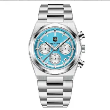 미사용 새상품 BENYAR 40mm 크로노그래프 아이스 블루 쿼츠 시계