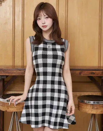 Darich DR 로고 깅엄 니트 미니 원피스 블랙