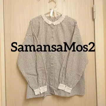 SamansaMos2  치비 레이스 옷깃 프론트 오픈 블라우스 체크 무늬