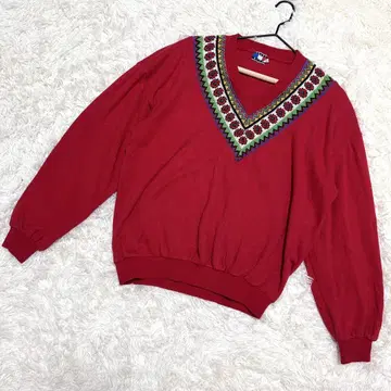 CRAZY BLVO 트레이닝복 V넥 자수 디자인 리브 소매 레드 (L)