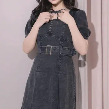 pium 플리츠 벨트 데님 미니 원피스