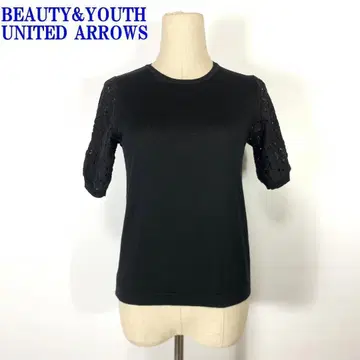 뷰티 앤 유스 반팔 코튼 레이스 리브 니트 블랙 S C574