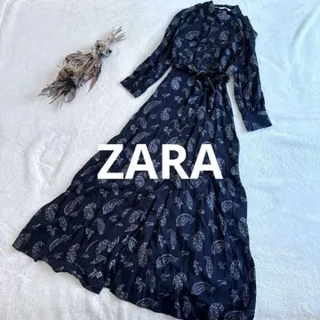 ZARA 롱 원피스 맥시 길이 페이즐리 무늬 셔츠 올 패턴 XS 블랙