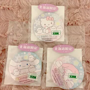 홋카이도 한정 산리오 캔뱃지 3개 시마연가 키티 마이멜로디 시나모롤