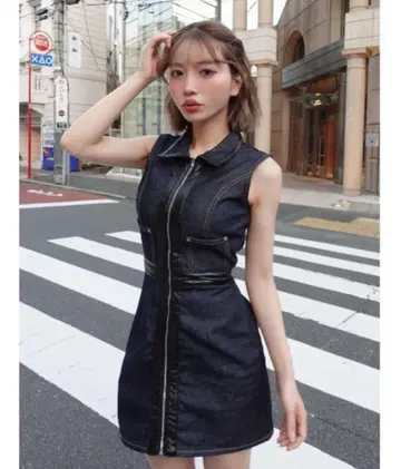 darich 가죽 콤비 슬리브리스 데님 미니 원피스 FL