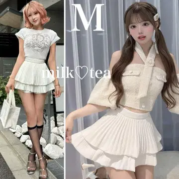 택 포함 새상품 다리치 내로우 플리츠 티어드 미니 스커트 M 화이트