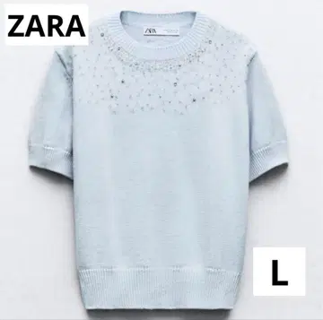 ZARA 자라 비쥬 큐빅 니트 스웨터 반팔 스카이블루 L 사이즈