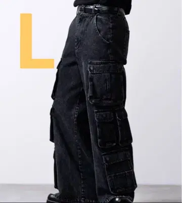 CLEL 3D 메니 포켓 데님 카고 팬츠 블랙 L