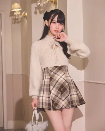 미셸 마카롱 플레어 체크 스커트 베이지 XS