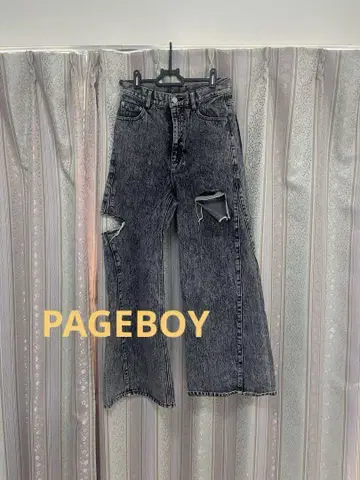 PAGEBOY 데미지 가공 블랙 데님 와이드 레그
