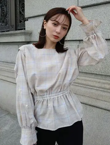 anuans 시어 체크 허리 개더 블라우스