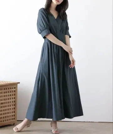 린넨 혼방 플레어 원피스 블루그린