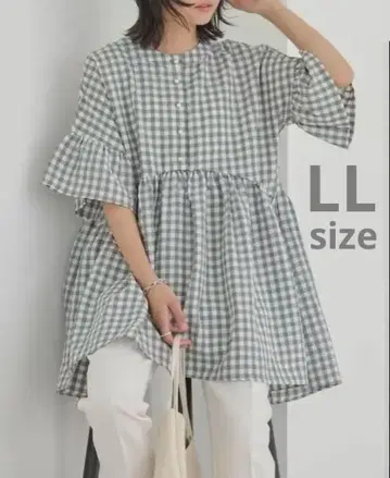 Laveange 깅엄 체크 플레어 튜닉 블라우스 그레이 LL