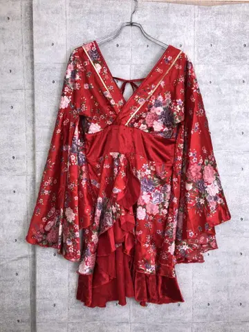 오이란 오리엔탈 꽃무늬 새틴 오픈 숄더 기모노 미니 원피스 kimono