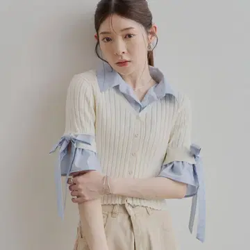 chico [5부 소매] 카라 부착 레이어드 소매 리본 가디건