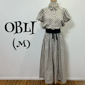 OBLI(M) 원피스/롱 기장/도트 무늬/반팔/하프 버튼/허리 밴딩