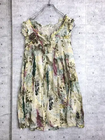 인도산 구제 의류 비즈 자수 민족 패턴 자른 프릴 민소매 원피스