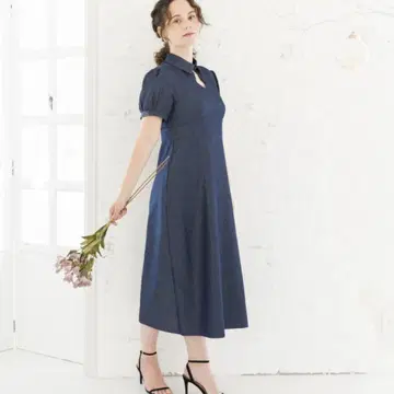 퍼프 슬리브 데님 원피스 A라인 클래시컬 레트로 페미닌 카라 부착