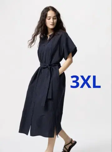 린넨 브랜드 릴랙스 원피스/반팔/네이비/3XL