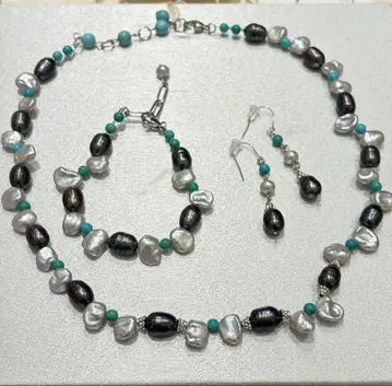 담수 진주, 터콰이즈 멀티 목걸이, 팔찌, 귀걸이 3개 세트