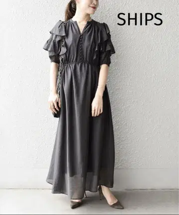 SHIPS 손세탁 가능 시어 칼자 프릴 원피스 그레이