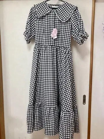 시마미사 아오키 미사코 콜라보 깅엄 체크 원피스 블랙 M 사이즈