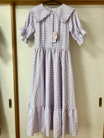 시마미사 아오키 미사코 콜라보 깅엄 체크 원피스 퍼플 M 사이즈