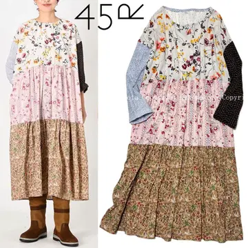45R 인도 카디 플라워 믹스 프린트 드레스 티어드 원피스