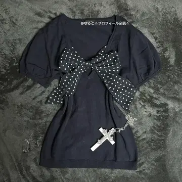 다크 코어 다크 코케트 coquette 도트 빅 리본 네이비 상의