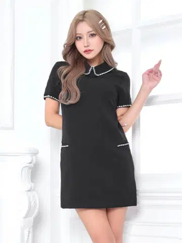 대형 비쥬 라인 카라 부착 A 라인 미니 원피스