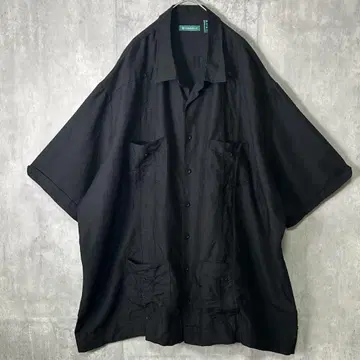 최고급 빅 실루엣 린넨 자수 쿠바 셔츠 블랙 올 블랙