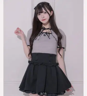 pium 더블 리본 케이프 와플 컷 티셔츠 다크 그레이