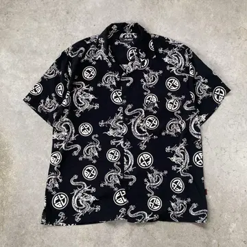 90s fubu 반팔 셔츠 올 패턴 오픈 카라 드래곤 블랙 XL