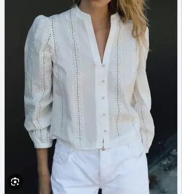 ZARA 자라 컷워크 블라우스 노카라 화이트 새상품급 최근 모델 L