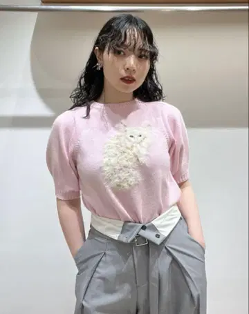 FURFUR 고양이 자수 핑크 니트 스웨터 원사이즈