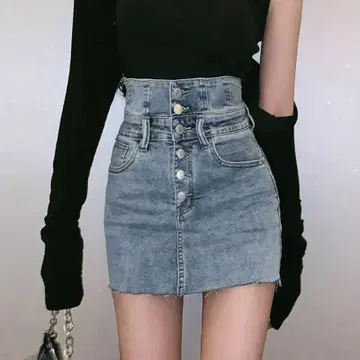 하이 웨스트 데님 스커트, 스트레치 청바지, 파랑, 허리 약 66cm